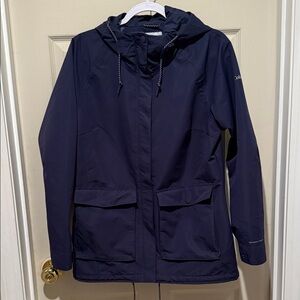Columbia Women's Navy Hooded Double Pocket Rain Jacket, Size Med